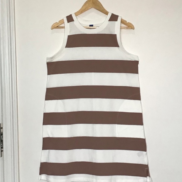 Old Navy Tan & White Sleeveless Sun Dress 100% Cotton Women’s Large w/ Pockets - Picture 4 of 7